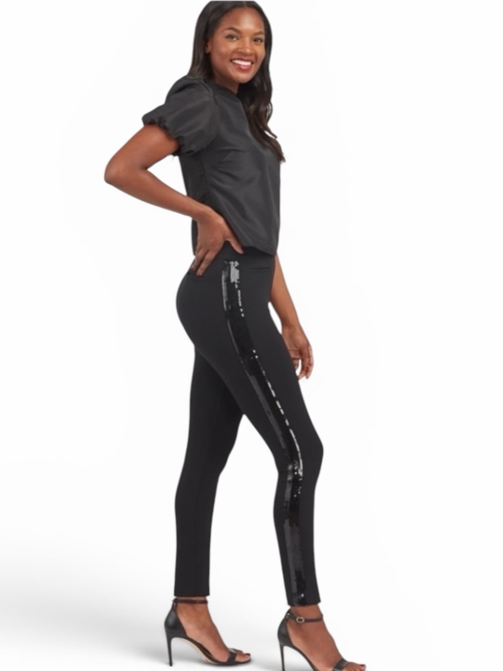SPANX Classic Black Ponte SkinnyLeggings with Sequin Trim Side Stripe Size Small